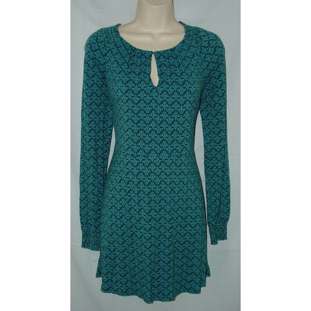 BODEN Blue Print Sz 6 Soft Stretchy Knit Long Sleeve Keyhole Clementine Dress